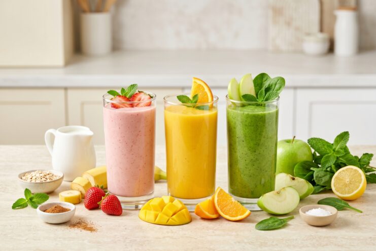 Variety of Homemade Smoothies Three glasses of colorful smoothies featuring a pink berry blend, a yellow tropical mix, and a green spinach drink