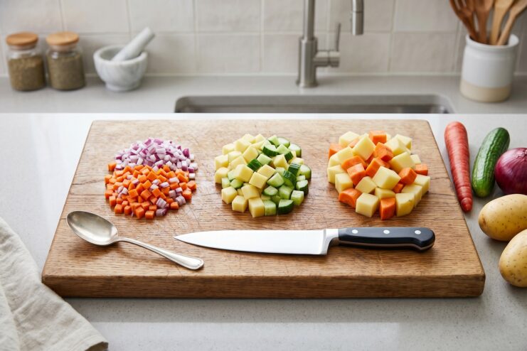 Various Dice Sizes Three variations of diced vegetables showing fine dice for sauces, medium for salads, and large for stews.