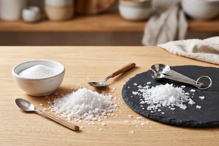 Various Types of Culinary Salt Three distinct piles of fine, coarse, and flaky salt arranged on a rustic wooden table