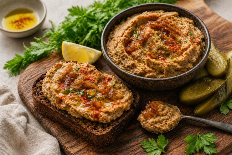 Homemade Legume Pâté Vegan bean pâté spread on rustic rye bread garnished with herbs