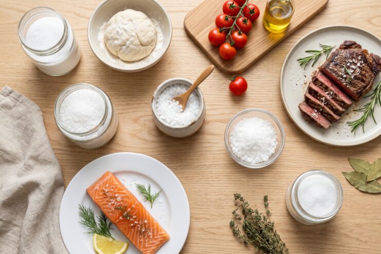 Selecting Salt for Specific Culinary Tasks Top view of steak, salmon, dough, and vegetables paired with appropriate salts in jars.