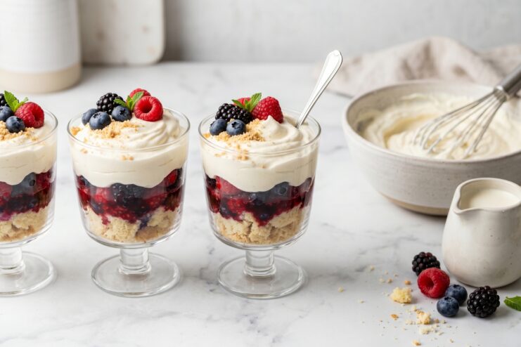 Layered berry trifles in transparent dessert cups topped with soft heavy cream frosting
