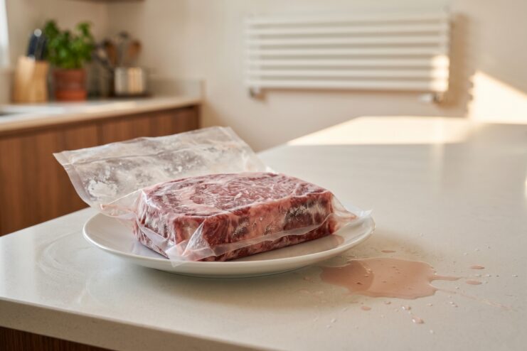 A frozen piece of meat on a plate with a puddle of leaked juices on a white counter