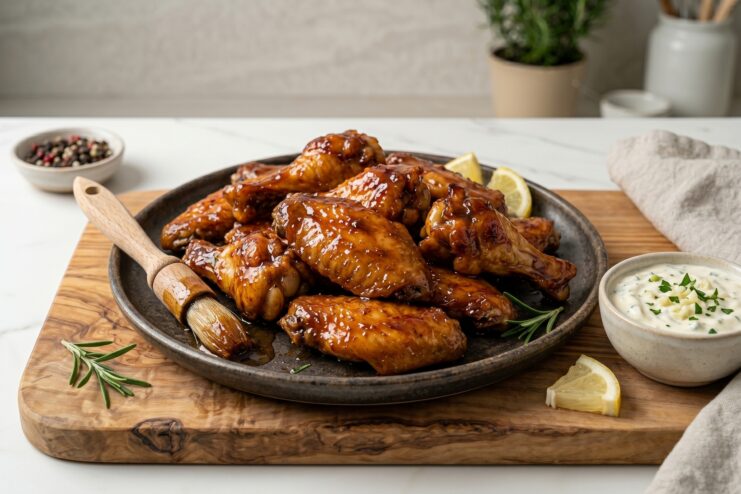 Chicken wings in sticky honey glaze Roasted chicken wings coated in a dark, glossy honey glaze served on a wooden board.