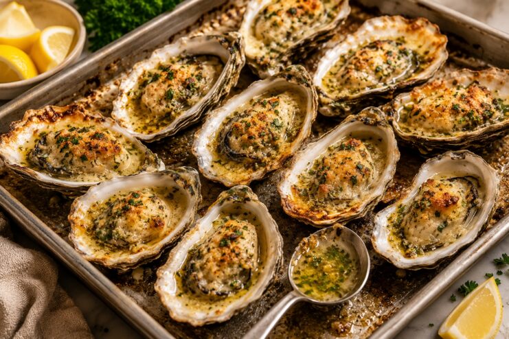 Freshly Baked Oysters On A Tray Baked oysters garnished with herbs and butter sitting on a baking sheet