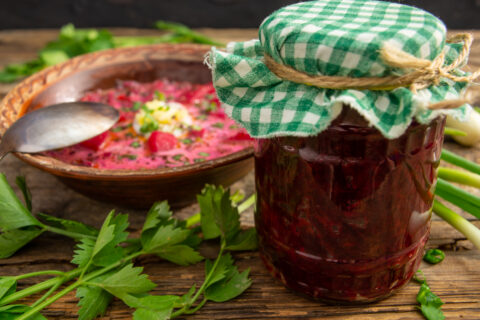 Beet Borsch Base with Onions and Garlic Scapes
