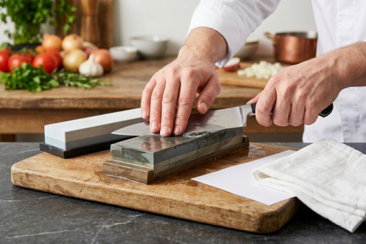 Chef sharpening a steel knife on a wet whetstone with a precise angle