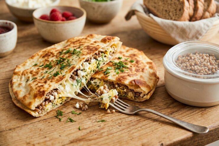 Dinner Leftover Breakfast Wrap Pan-fried lavash flatbread stuffed with cooked buckwheat and melted cheese