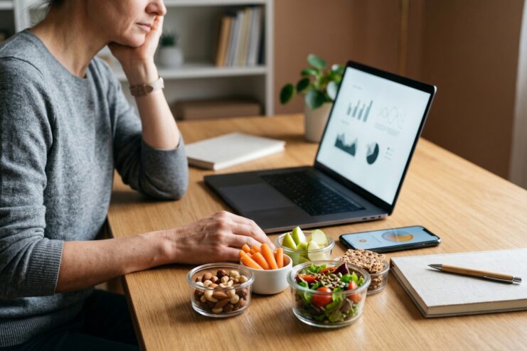 Snacking at the Workplace Woman working on a laptop with an assortment of healthy snacks in bowls.
