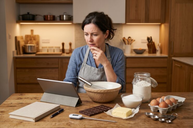 Culinary stress before cooking A woman anxiously studies a complex recipe on a tablet in the kitchen before she begins cooking.