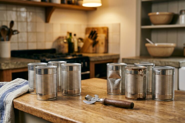 Tin cans on a table featuring one with dents and visible rust spots indicating food spoilage.