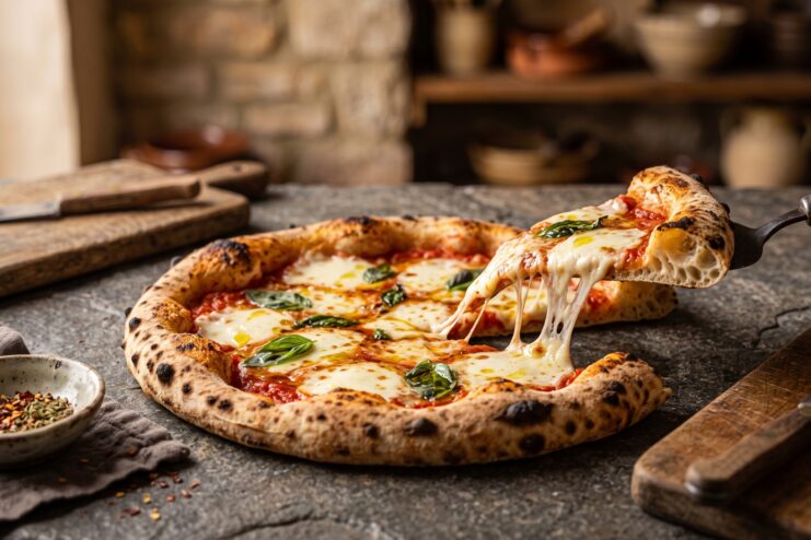Homemade Margherita Pizza Appetizing homemade Margherita pizza with stringy mozzarella and fresh basil on a thin crust.