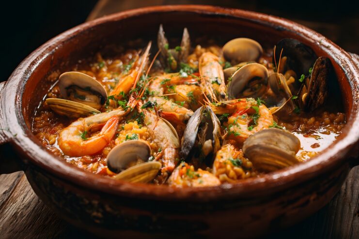 Wet Portuguese seafood rice with large shrimp and clams served in a traditional clay pot