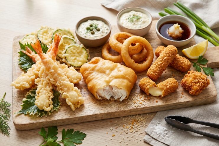 Difference Between Tempura, Batter, and Breading Assorted fried foods coated in tempura, batter, and breading served on a rustic wooden board
