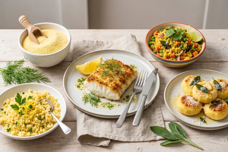 Culinary Applications Of Semolina Various culinary creations made from semolina including breaded fish, baked gnocchi, and savory side dishes