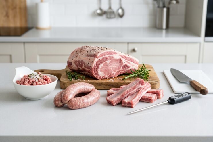Various Raw Pork Cuts And Sausages Assortment of raw pork cuts including collar, ribs, ground meat, and sausages on a board