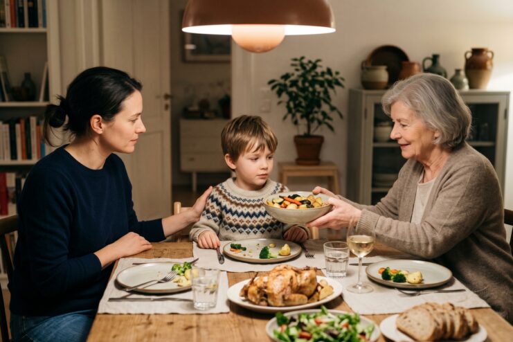Family Dinner With A Grandmother And Mother Grandmother passing a plate of food to her grandson during a family dinner