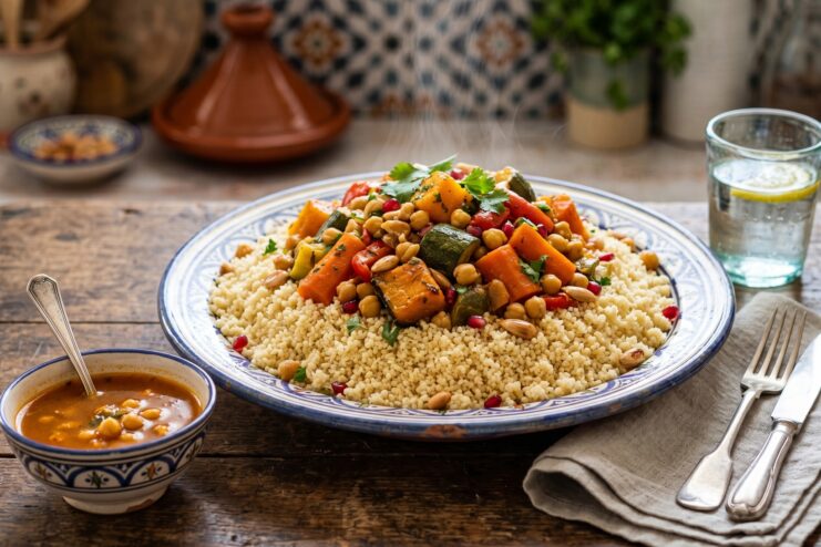 Traditional Maghrebi Couscous Large serving platter filled with fluffy couscous topped with stewed vegetables and chickpeas