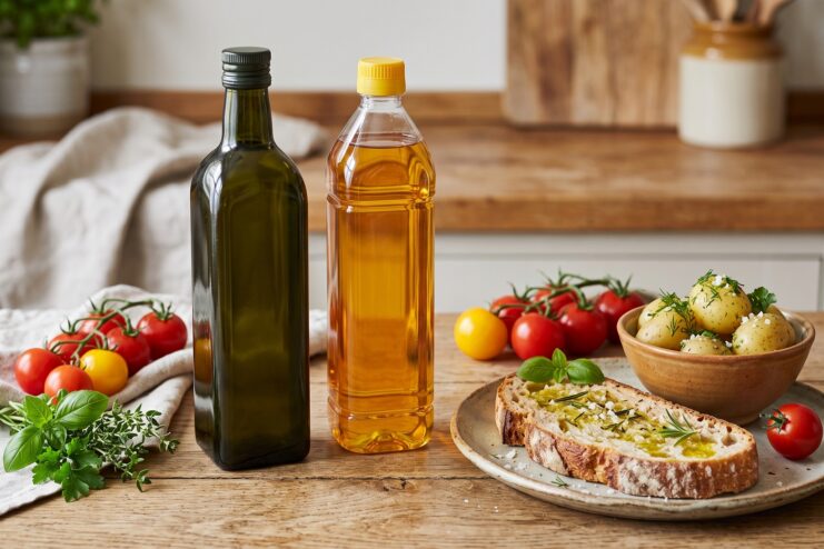 Bottles of olive and sunflower oil arranged on a kitchen counter next to crusty bread, fresh herbs, and ripe tomatoes.