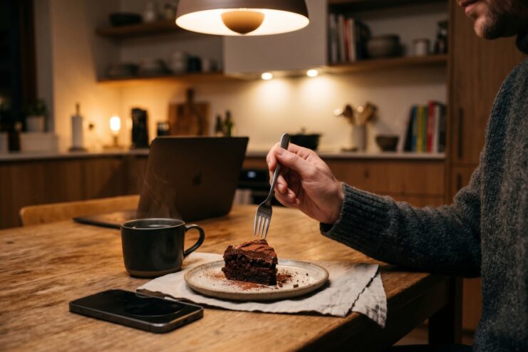 Person eating a slice of chocolate cake at a kitchen table late at night.