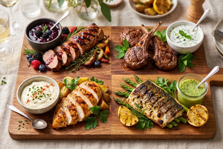 Four varieties of grilled meat and fish displayed on a wooden board alongside complementary berry, yogurt, and green sauces.