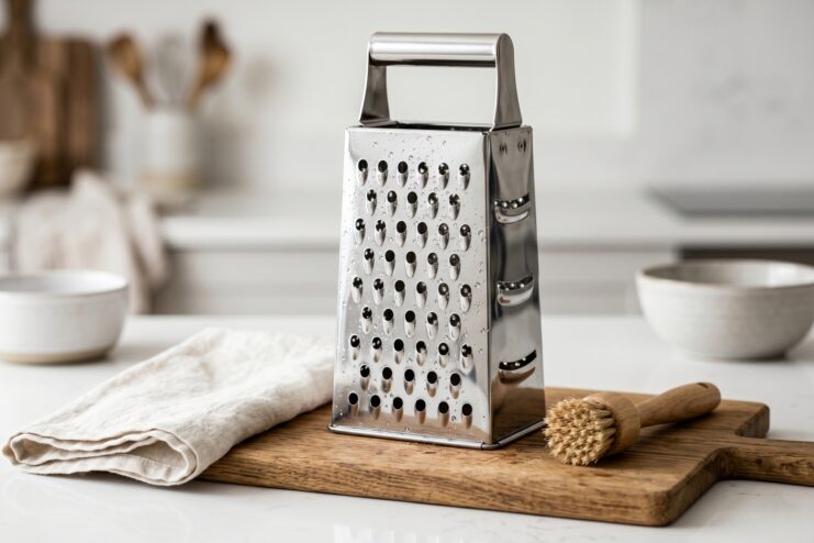 Proper Kitchen Grater Maintenance Clean steel box grater resting on a wooden board next to a kitchen cleaning brush.
