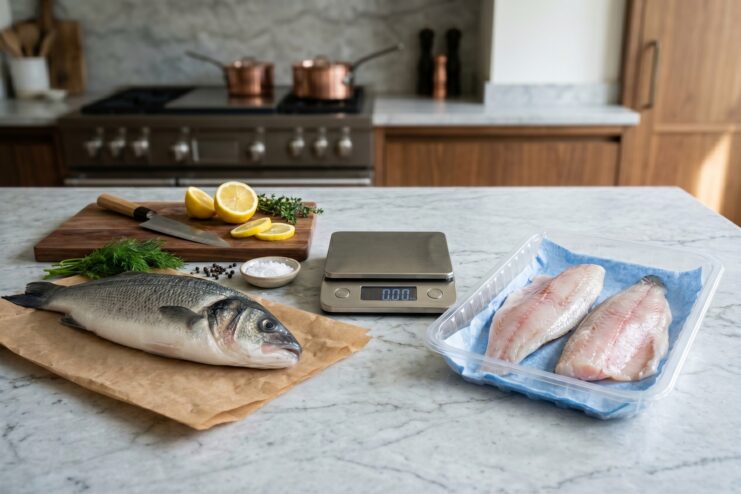 Whole Fish and Fillet Weight and Price Comparison Whole fish and a fish fillet placed on a kitchen counter next to a digital scale