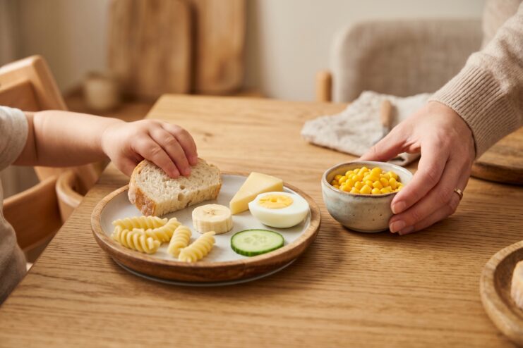 Expanding A Child's Diet Through Familiar Foods Children's plate containing a slice of bread alongside plain pasta, fresh vegetables, and a boiled egg.