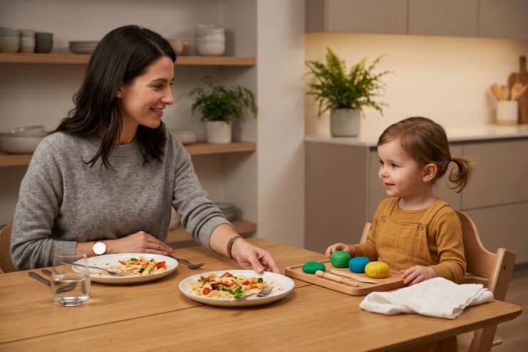 Sensory Games As An Alternative To Playing With Food Girl playing with playdough at the table next to her mother