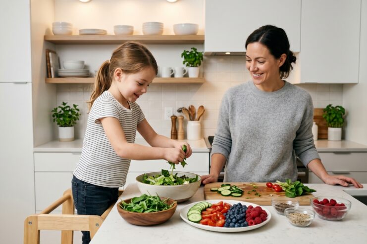 Cooking Food Together With A Child Little girl helping her mother prepare a salad in the kitchen