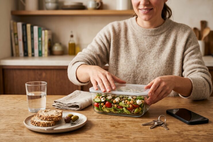 Preparing a Healthy Snack at Home Woman packing a healthy salad into a glass container in a kitchen.