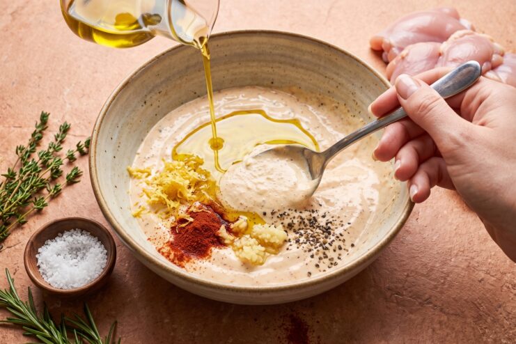 Pouring golden olive oil into a bowl of creamy yogurt marinade mixed with aromatic spices and herbs
