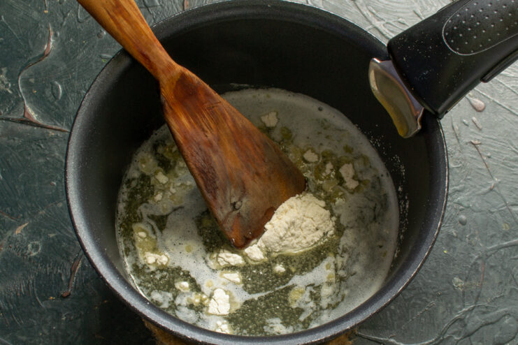 Sautéing flour until golden Whisking flour into melted butter in a saucepan to make a roux