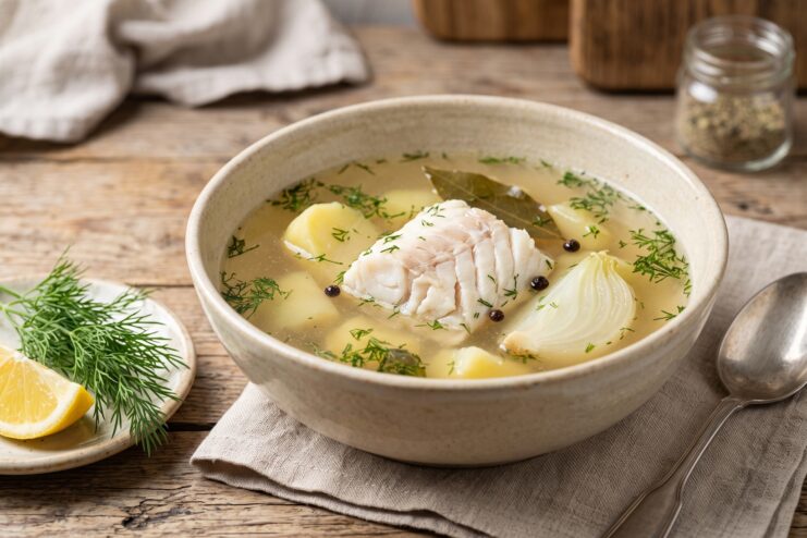 Aromatic Fish Ukha With Fresh Herbs and Lemon Homemade fish soup with a large chunk of white fish, potatoes, and herbs in a ceramic bowl.