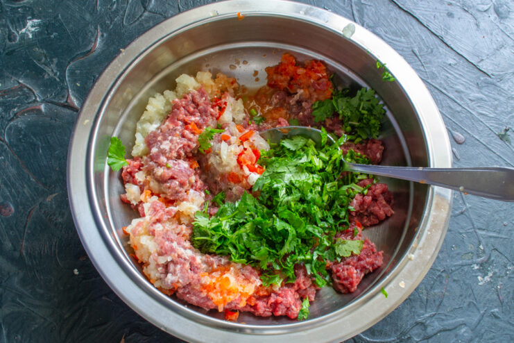 Herbs for aroma Ground meat mixture sprinkled with finely chopped cilantro