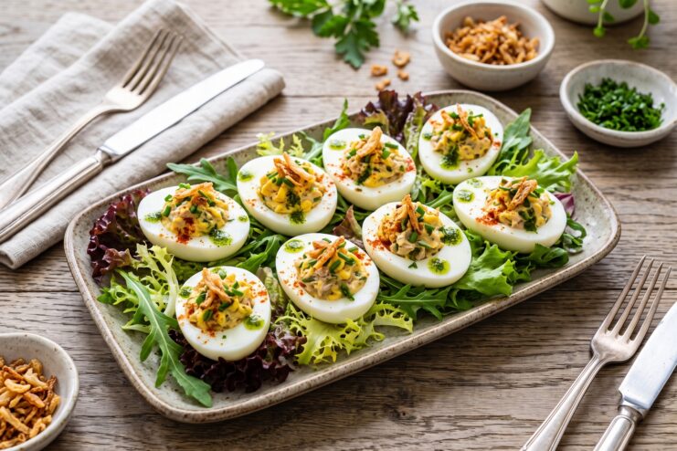 Deviled eggs filled with fish pâté, pickled cucumber, and herbs on a serving platter
