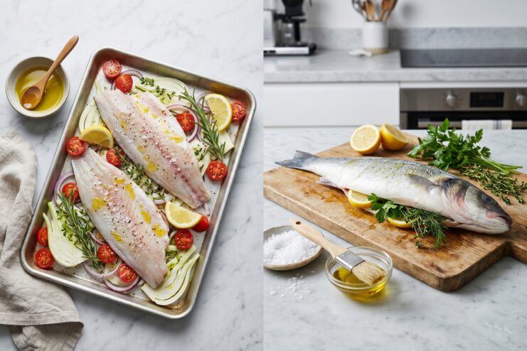 Cooking Methods for Fillets Versus Whole Fish Fish fillet roasting on a sheet pan with vegetables next to a whole fish on a cutting board
