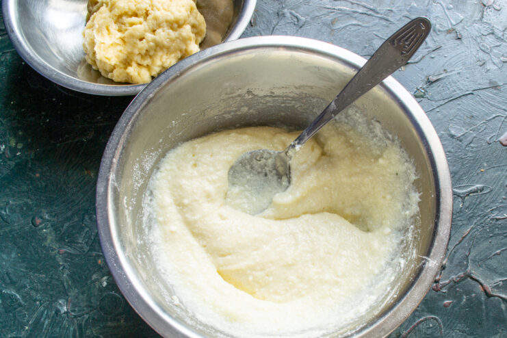 Blending the ricotta filling until smooth Smooth and airy ricotta filling in a bowl