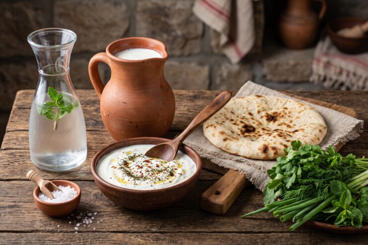 Traditional Ingredients for Making Ayran Clay jug with milk, bowl of matsoni with spices, flatbread, fresh herbs, and salt on a wooden table.