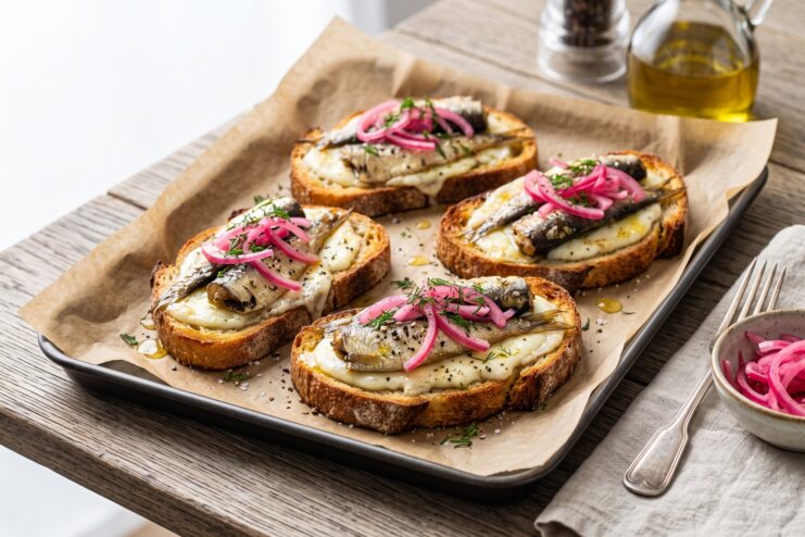 Hot toasts topped with sprats, melted cheese, and pickled red onions on a baking sheet