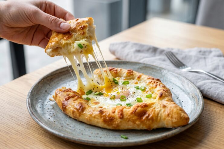 Khachapuri With Suluguni Hot Adjarian Khachapuri with melted, stringy Suluguni cheese and an egg yolk.