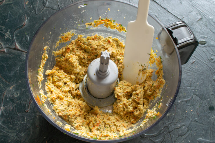 Final pate texture Smooth and creamy finished chicken pate inside a blender bowl