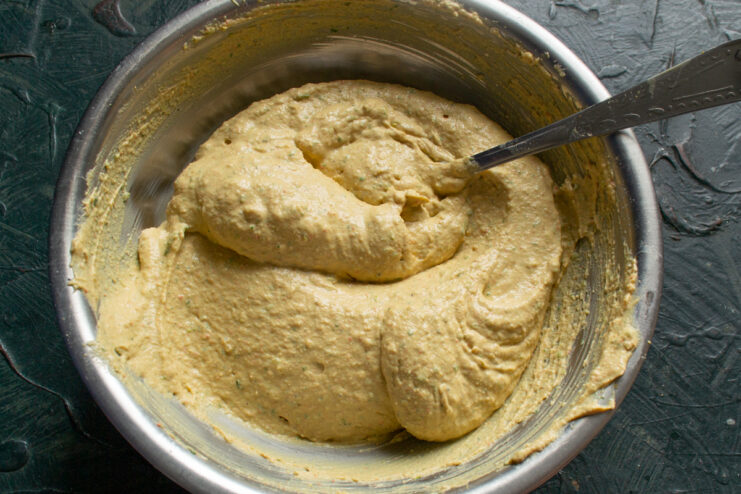Mixing the finished pâté base Finished pâté mixture in a bowl after blending