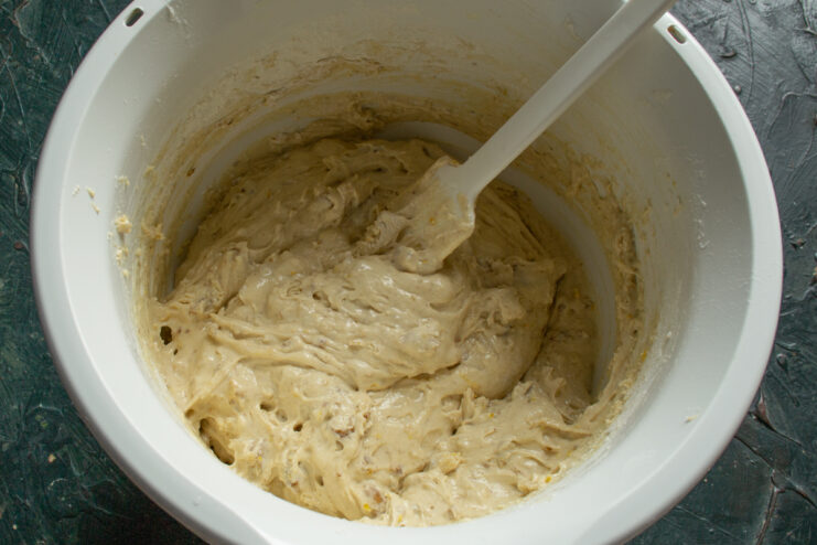 Final dough texture Thick and dense finished biscotti dough in a deep bowl