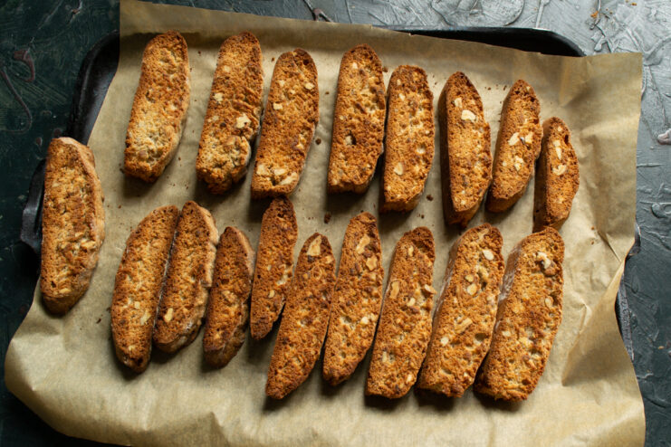 Final result Toasted and finished biscotti cookies on a baking sheet