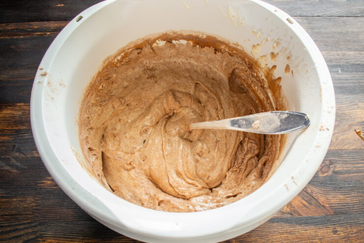 Finished Chocolate Batter Smooth and airy chocolate cake batter in a mixing bowl