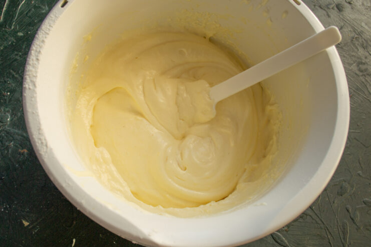 Finished Sponge Cake Batter Light and airy sponge cake batter in a mixing bowl