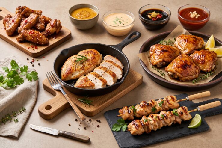 Assorted cooked chicken dishes including a pan-seared breast, crispy roasted wings, and juicy charcoal skewers