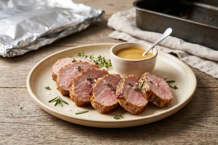 Appetizing Medium-Rare Pork Tenderloin Cooked slices of pork tenderloin with a pink center and a bowl of sauce