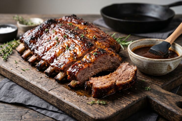 Oven-Baked Pork Ribs Glazed oven-baked pork ribs resting on a wooden cutting board